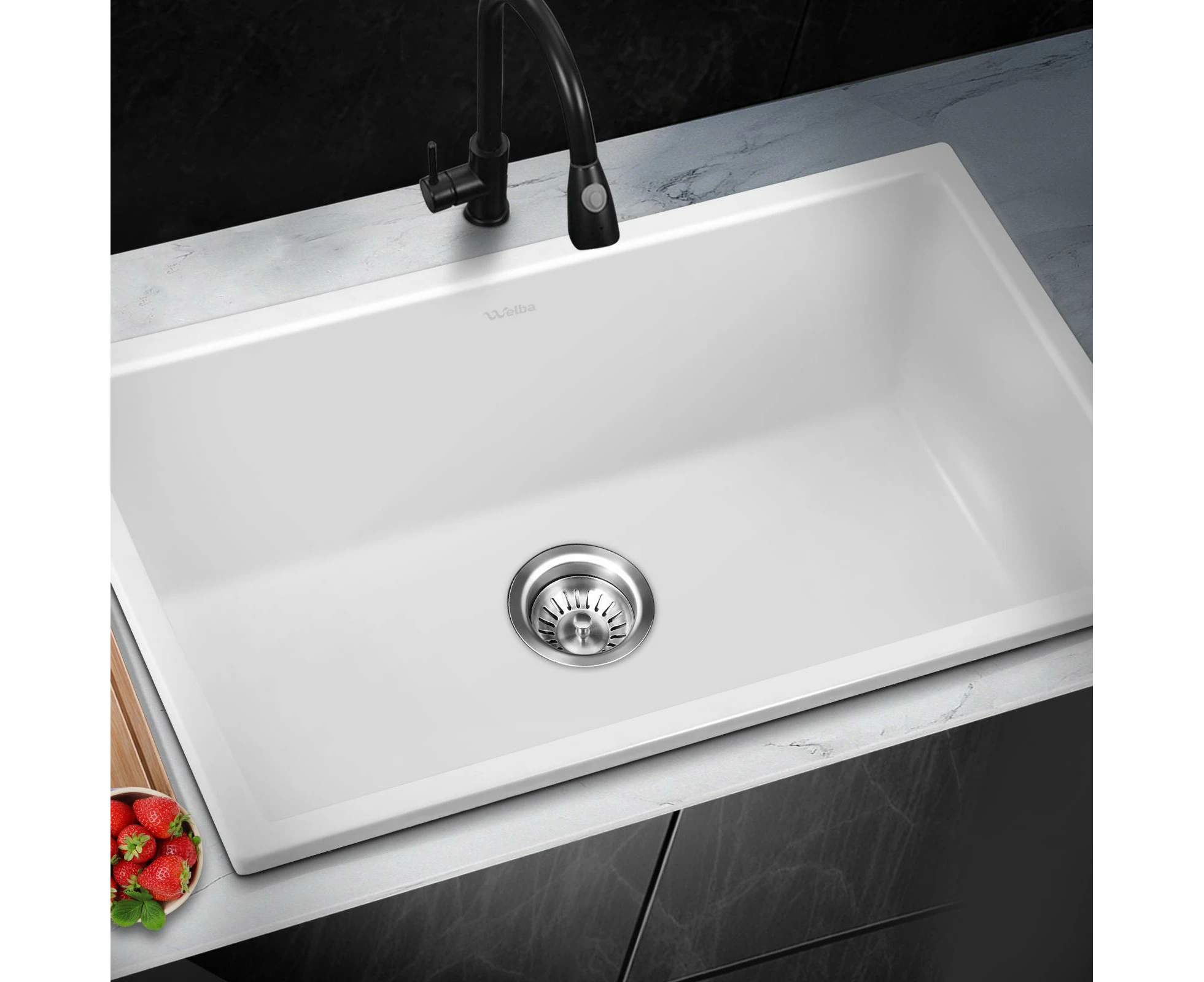 Welba Kitchen Sink 70x45cm Granite Stone Sink Laundry Basin Single Bowl White