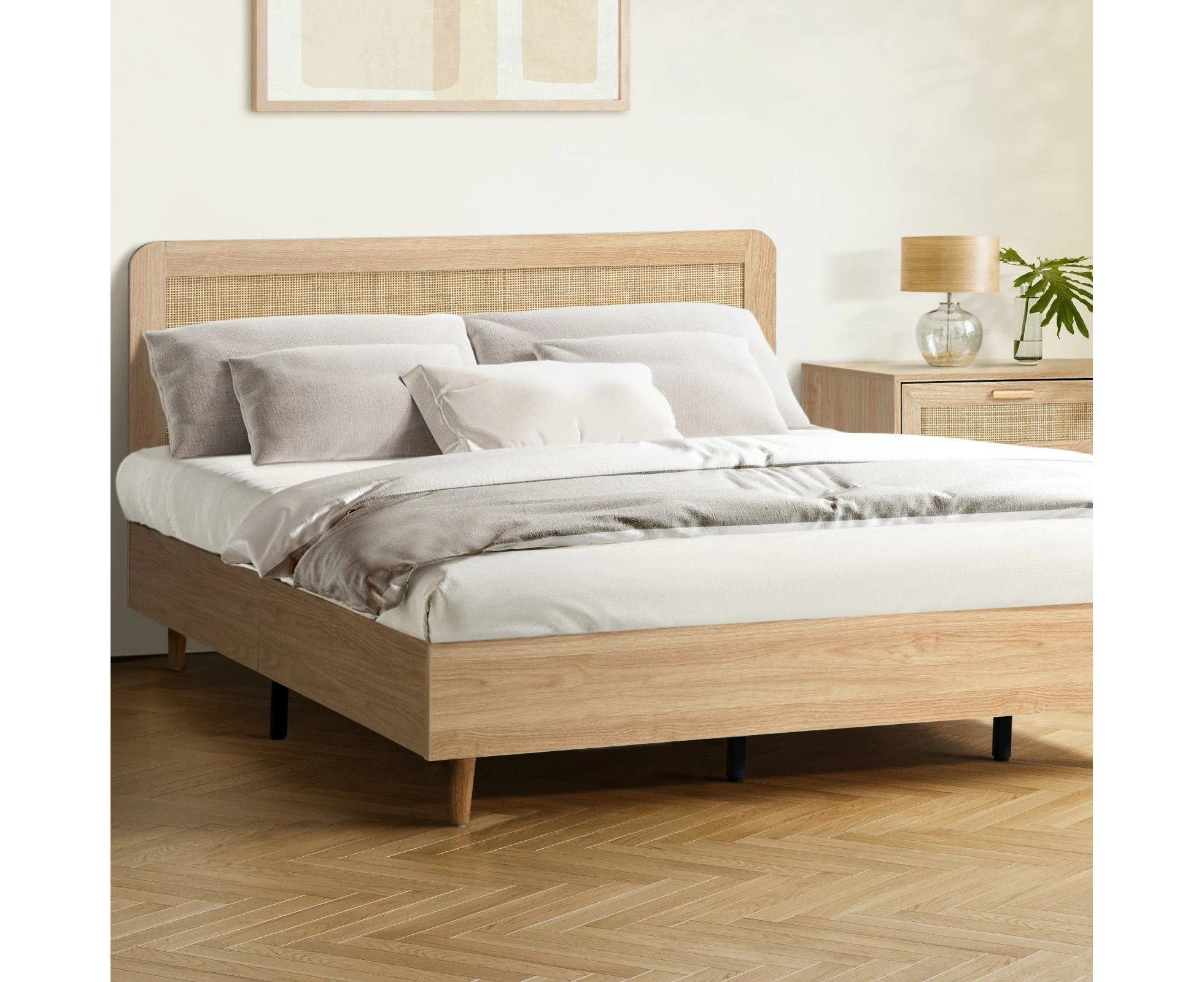 Oikiture Bed Frame King Size Wooden Bed Frame Rattan Headboard