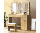 Oikiture Dressing Table Stool Set Makeup Large Mirror Dresser 12 LED Bulbs Oak