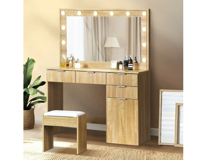 Oikiture Dressing Table Stool Set Makeup Large Mirror Dresser 12 LED Bulbs Oak