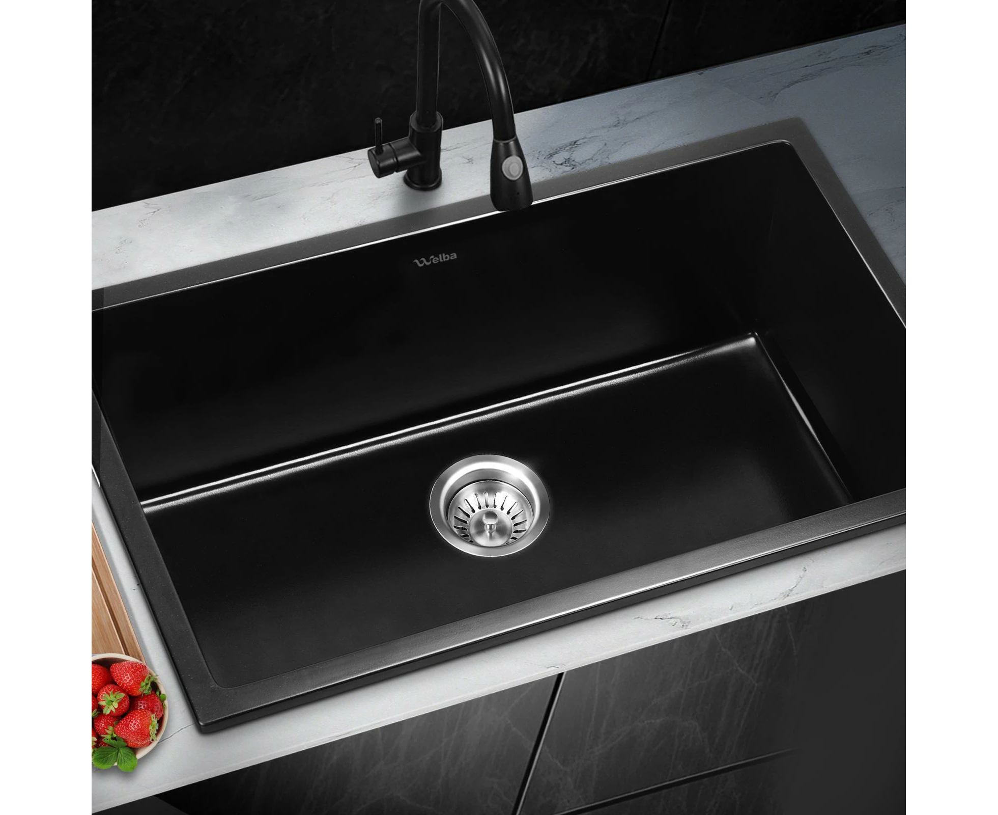 Welba Kitchen Sink 70x45cm Granite Stone Sink Laundry Basin Single Bowl Black