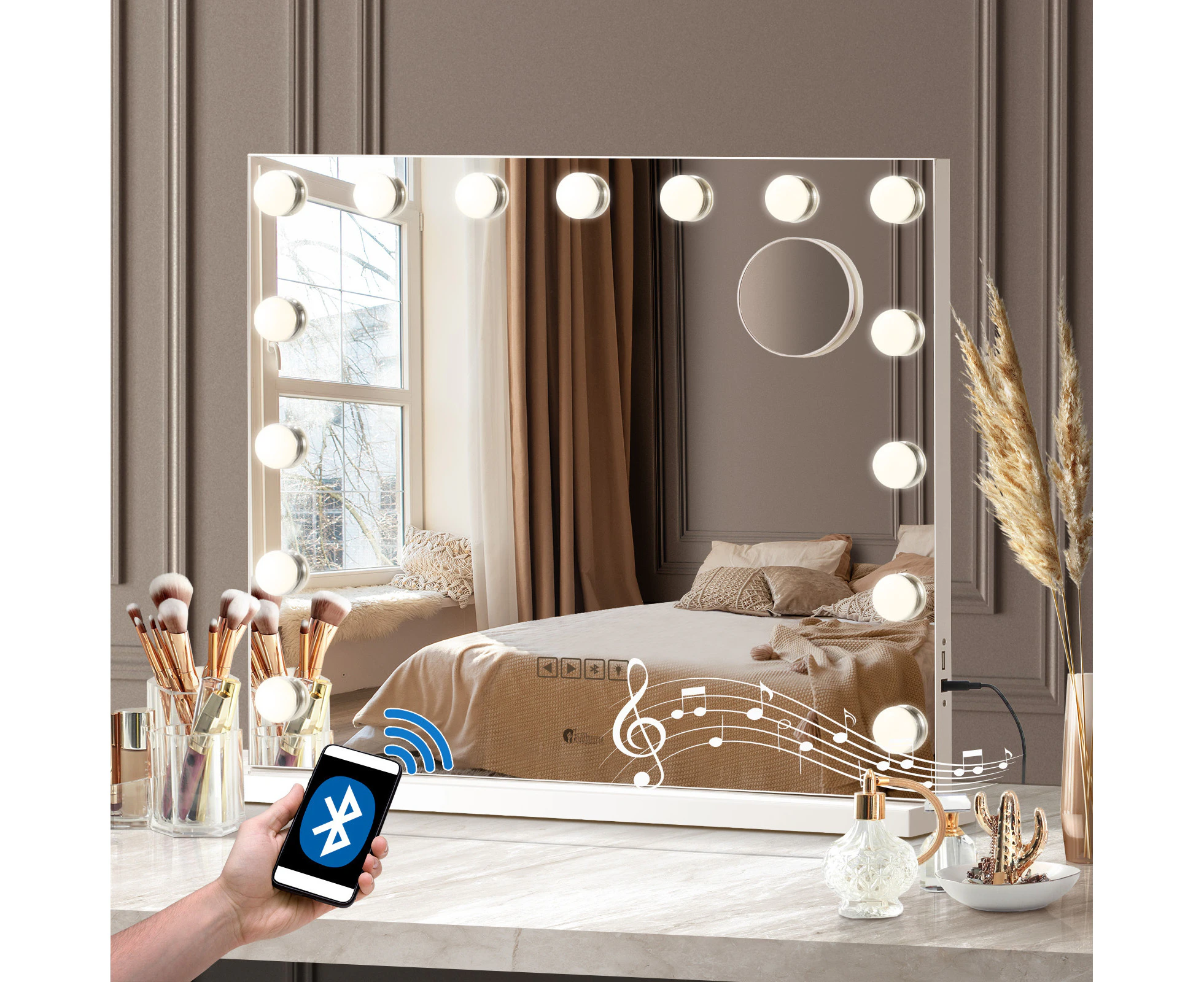 Oikiture Bluetooth Hollywood Makeup Mirrors with LED Light 59x48cm Vanity Mirror Standing Wall Mounted