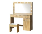 Oikiture Dressing Table Stool Set Makeup Large Mirror Dresser 12 LED Bulbs Oak