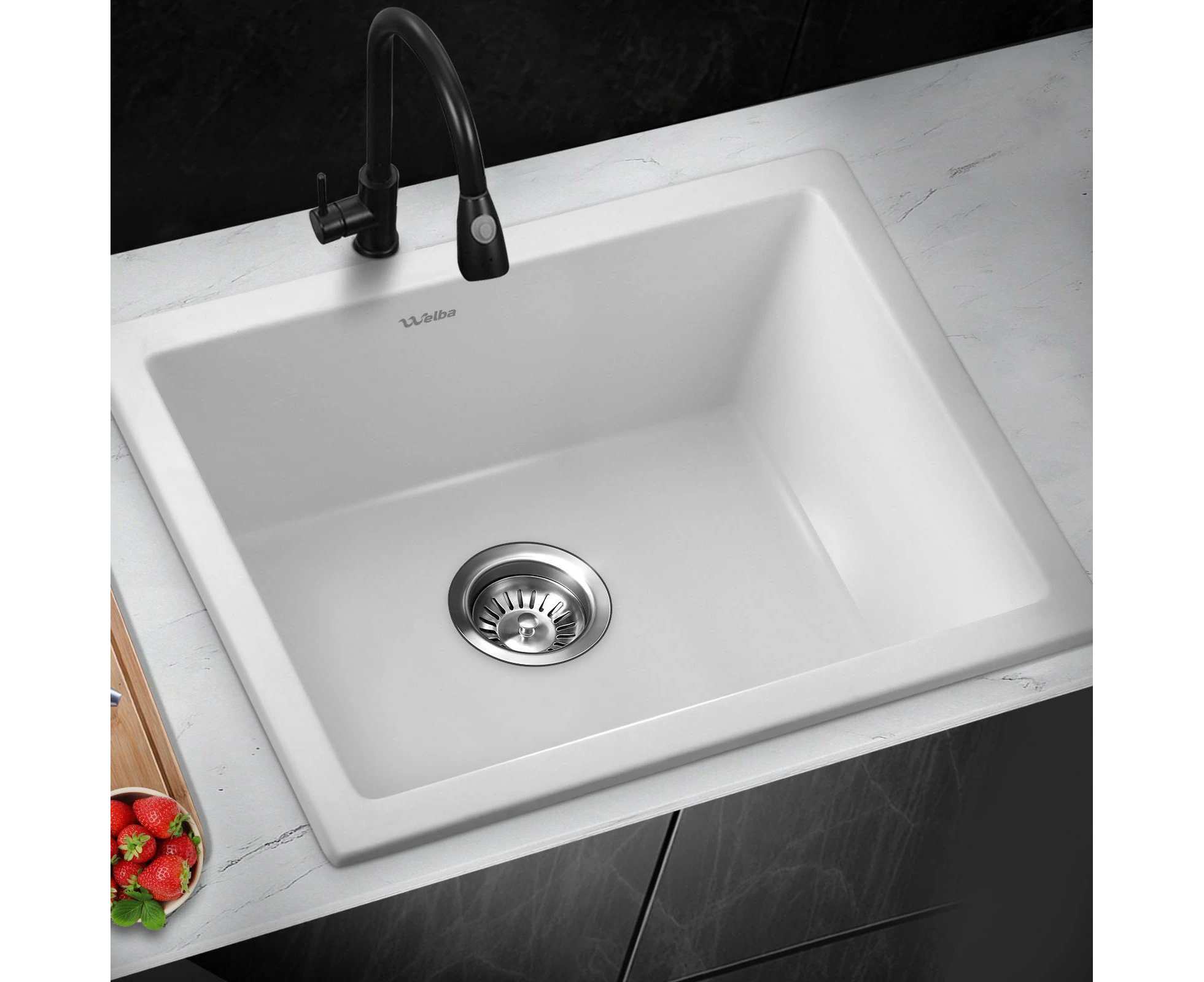 Welba Kitchen Sink 55x45cm Granite Stone Sink Laundry Basin Single Bowl White