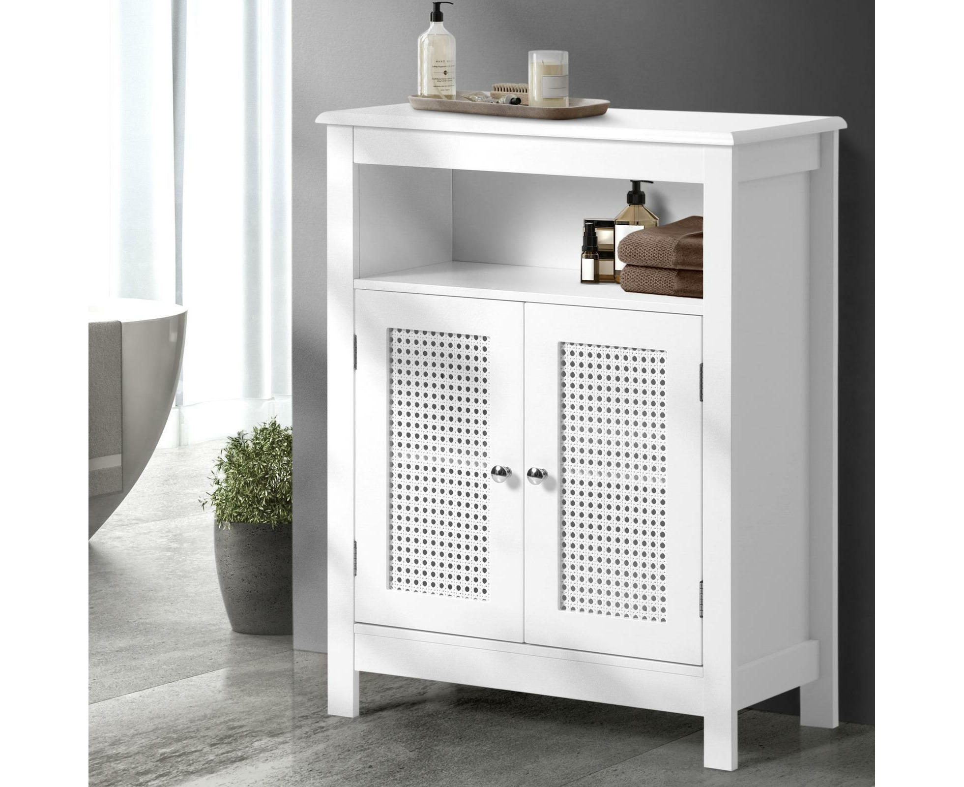 Oikiture Storage Cabinet Floor Cupboard Laundry Bathroom Two Rattan Door White | Catch.com.au