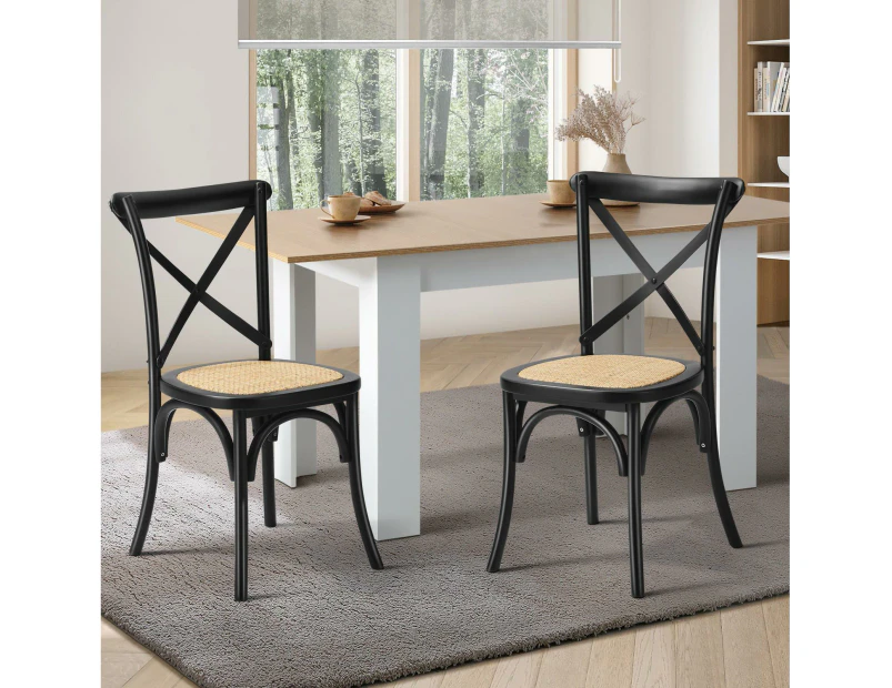 Oikiture 2PCS Crossback Dining Chair Solid Birch Timber Wood Ratan Seat Black