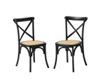 Oikiture 2PCS Crossback Dining Chair Solid Birch Timber Wood Ratan Seat Black