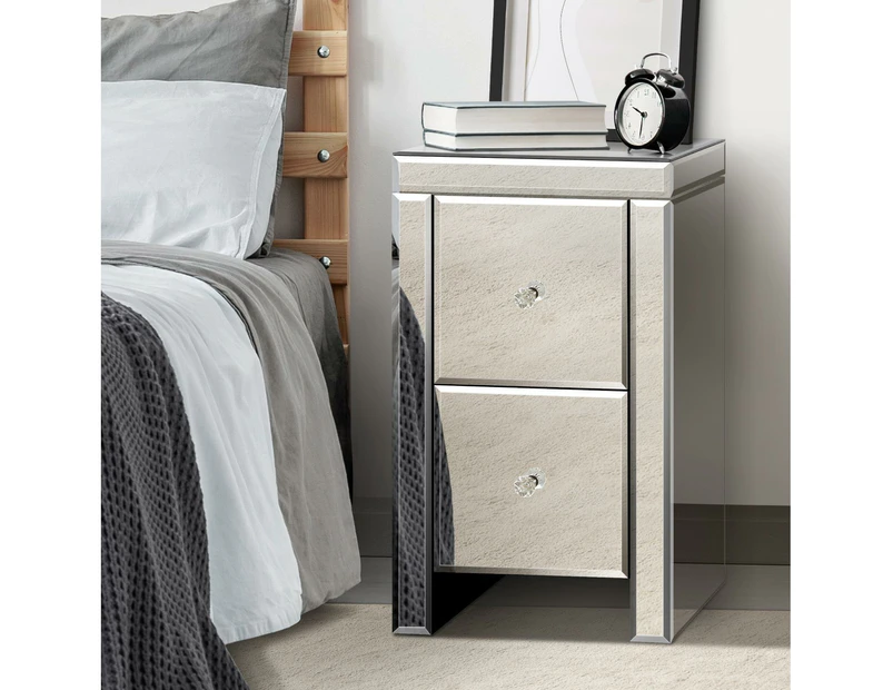 Oikiture Bedside Table Mirrored Storage Cabinet 2 Drawers Nightstand End Table