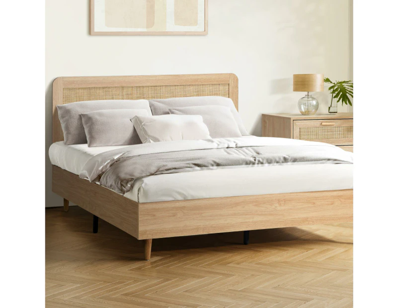 Oikiture Bed Frame Queen Size Wooden Bed Frame Rattan Headboard