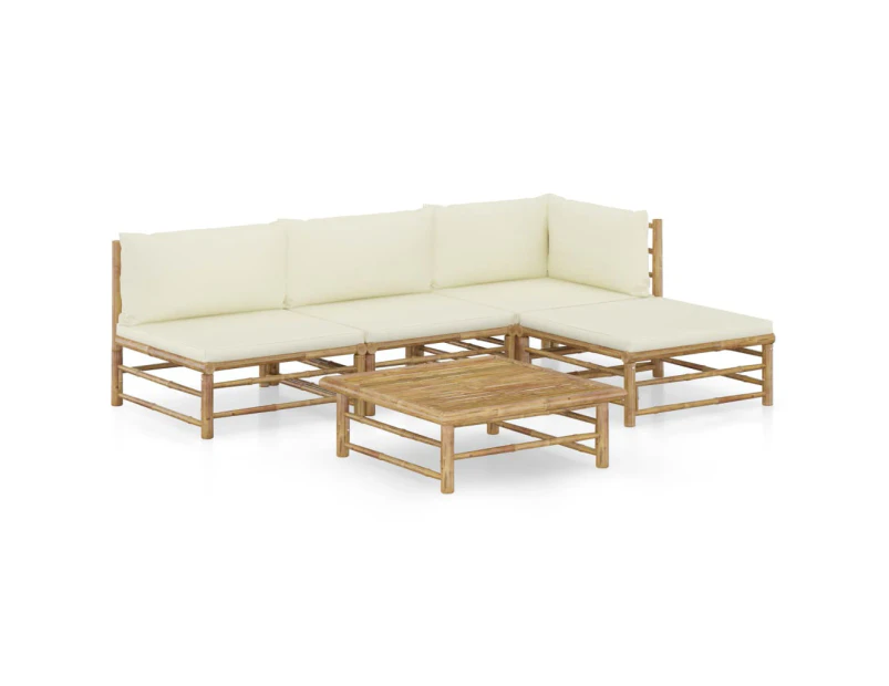 5 Piece Garden Lounge Set with Cream White Cushions Bamboo