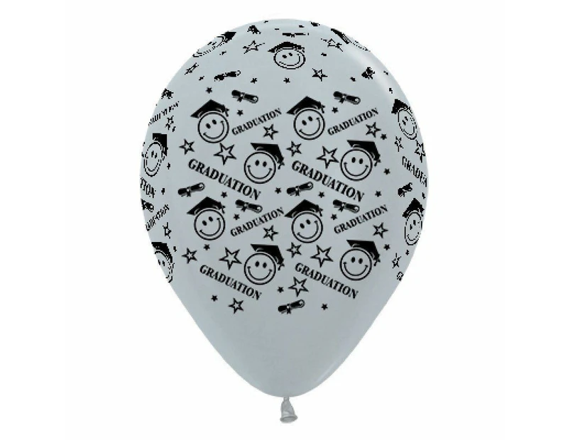 30cm Graduation Smiley Faces Satin Pearl Silver Latex Balloons 6 Pack