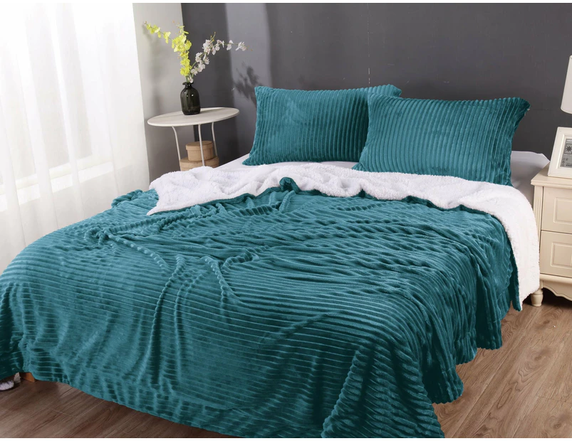 Abhomefashion Stripe Flannel Sherpa Blanket/comforter Set - Teal