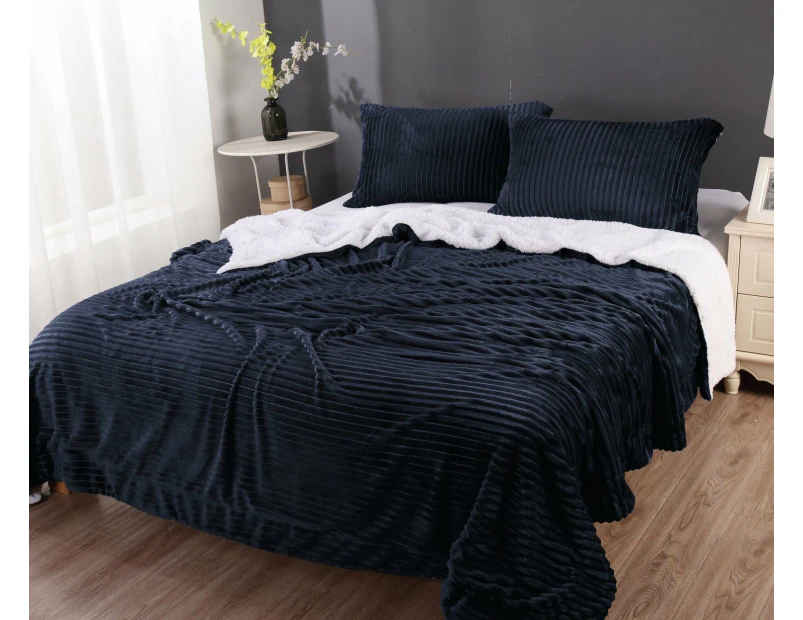 Abhomefashion Stripe Flannel Sherpa Blanket/comforter Set - Navy