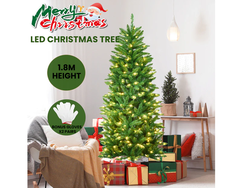 Costway 1.8M Pre Lit Slim Christmas Tree LED Xmas Tree PVC Hinged Home Outdoor Xmas Decoration