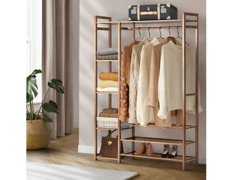 Oikiture Clothes Rack Open Wardrobe Garment Coat Hanging Rail Bamboo 8 Shelves