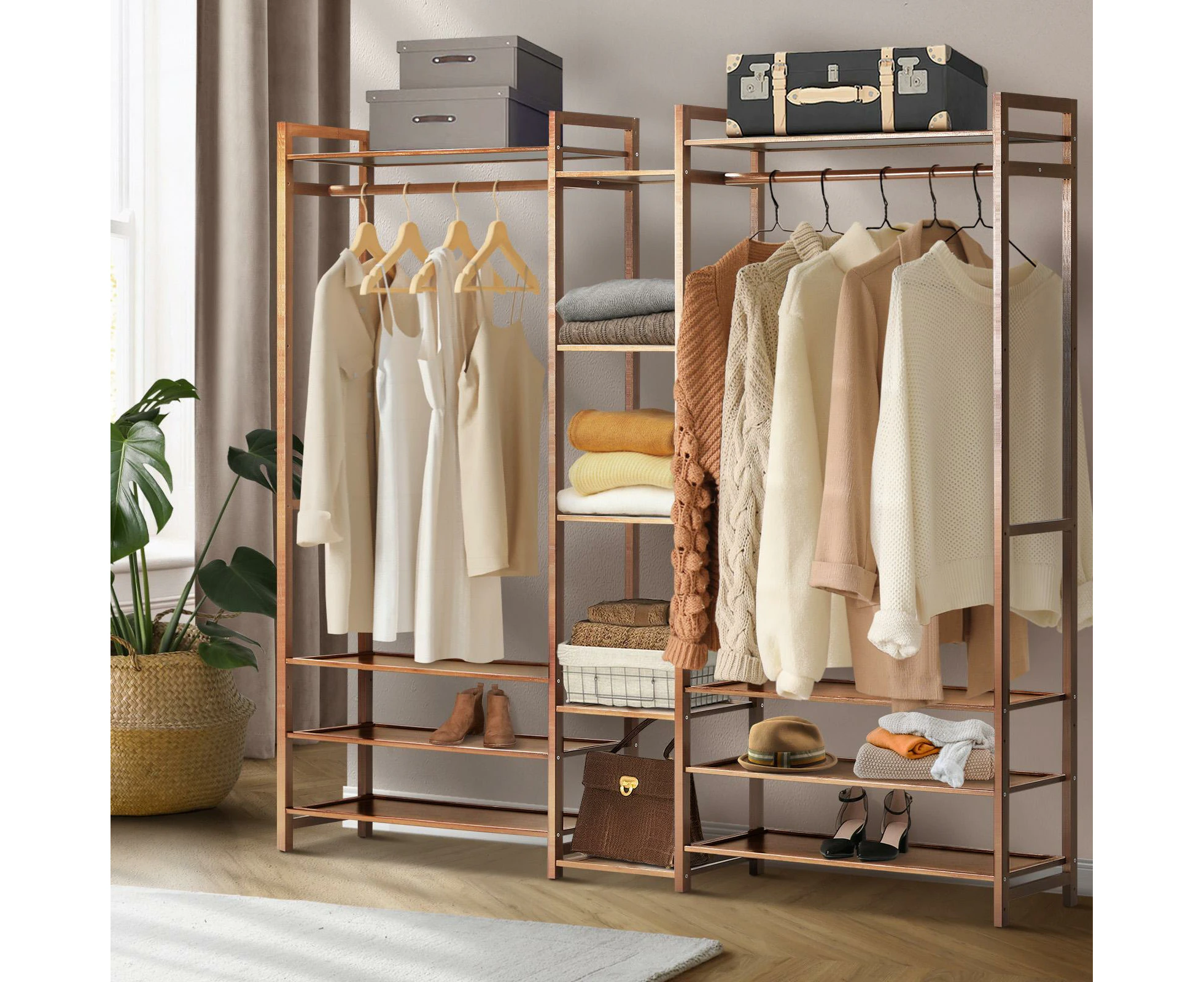 Oikiture Clothes Rack Open Wardrobe Garment Coat Hanging Rail Bamboo 13 Shelves