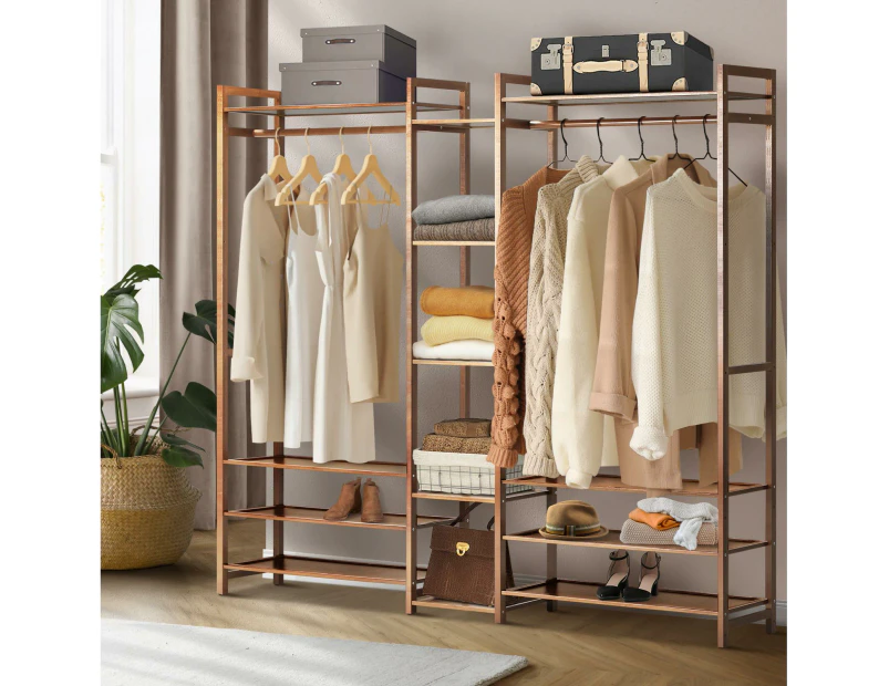 Oikiture Clothes Rack Open Wardrobe Garment Coat Hanging Rail Bamboo 13 Shelves