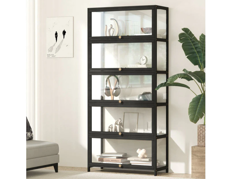 Oikiture Display Cabinet Storage 5-Tier Shelves Clear Bookcase Stand Rack Black