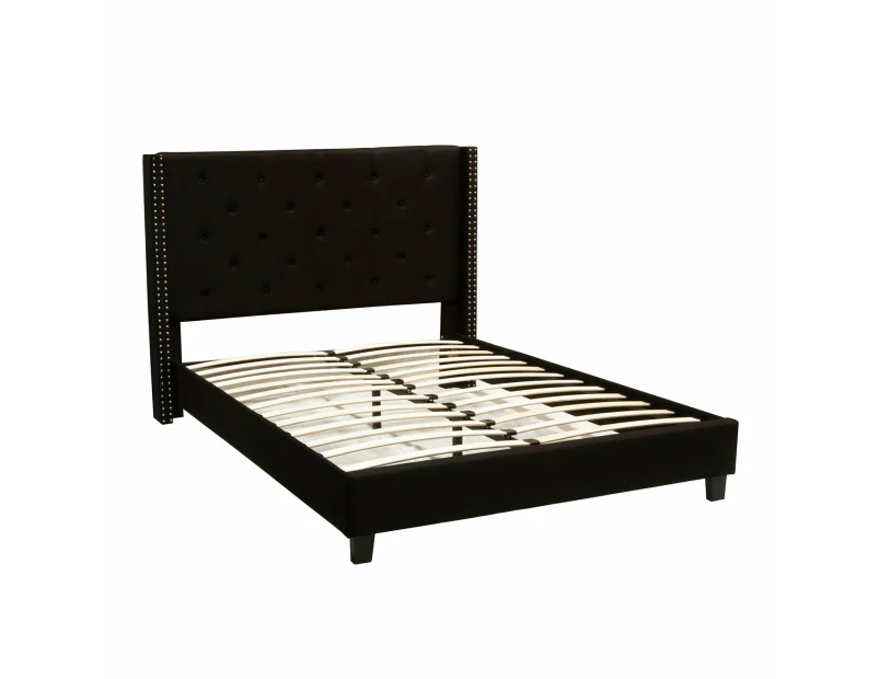 Foret Bed Frame Queen Base Bedroom Furniture Wooden Fabric Tufted Studs Black