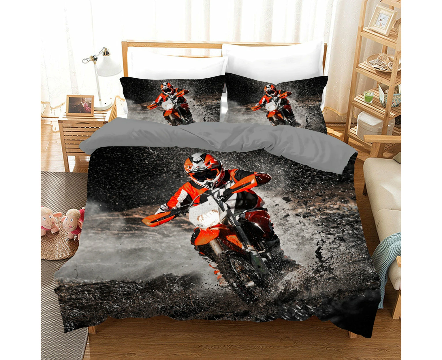 Red Dirt Bike Motorcycle Racing Quilt Doona Duvet Cover Pillow Case Set