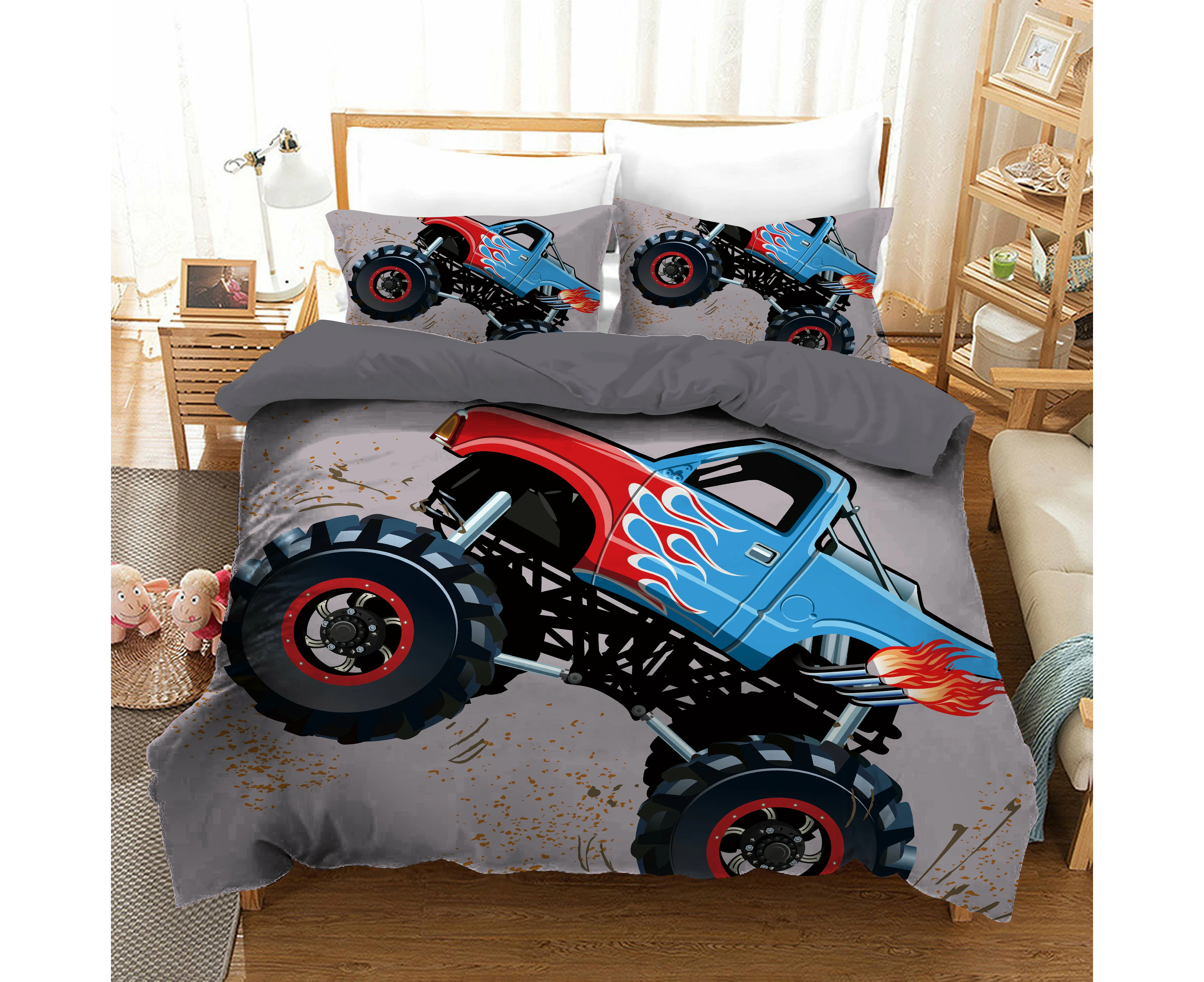 Grey Toy Truck Quilt Doona Duvet Cover Pillow Case Set