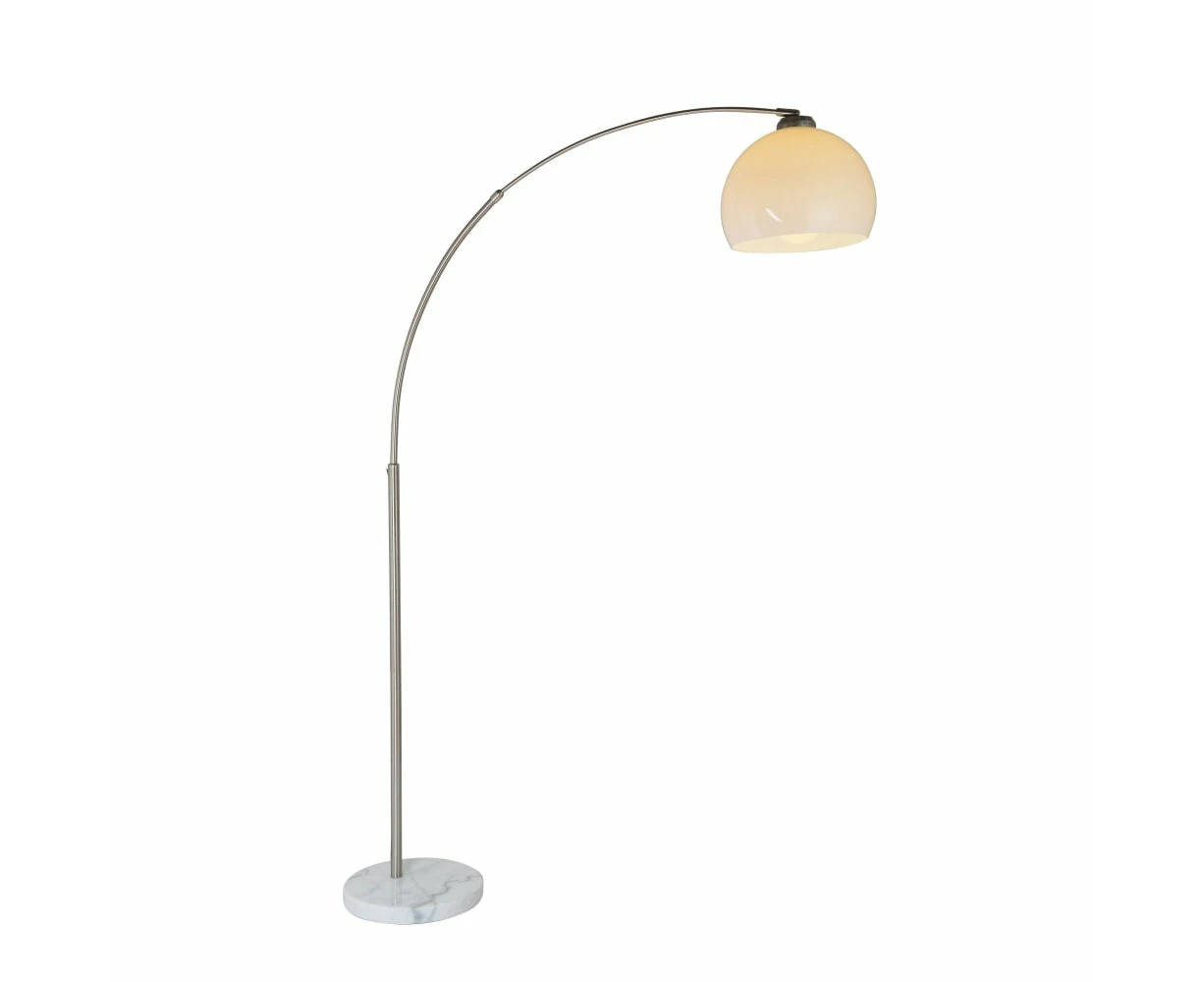 Pino Arc Floor Lamp Satin Chrome Metal Body Marble Base - White Shade