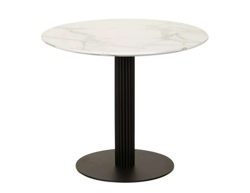 Rafael Round Dining Table With Marble Effect 90cm - Black Metal Frame - White Sevella