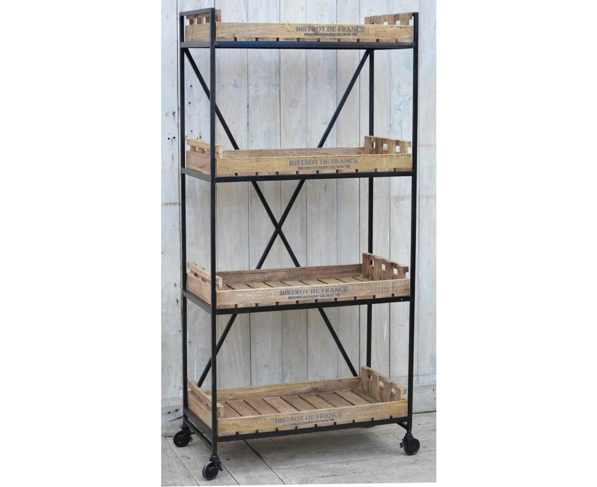 Bistrot De France Industrial Rustic 4-Tier Movable Bookcase On Wheels