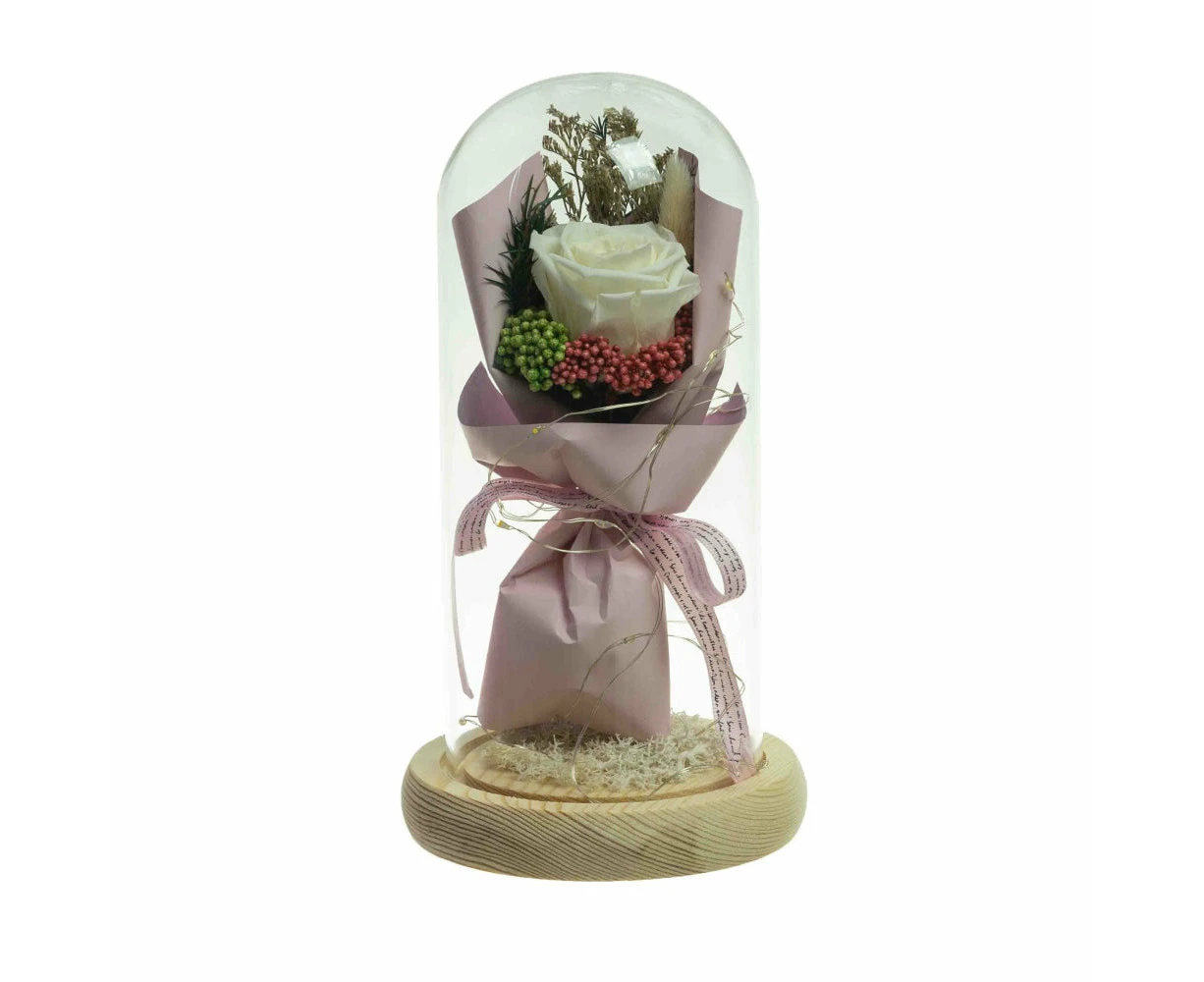 Glamorous Fusion Cream Floral Artificial Fake Plant Decorative 21cm  In Glass Dome