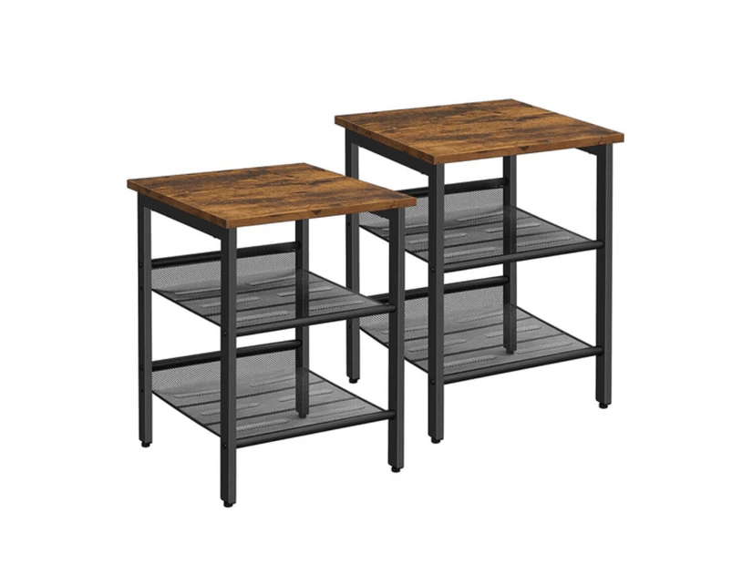 Vasagle Set of 2 Side Table with 2 Mesh Shelves Nightstands Rustic Brown