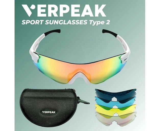 VERPEAK Sport Sunglasses UV400 Interchangeable Lens Breathable Type 2 White