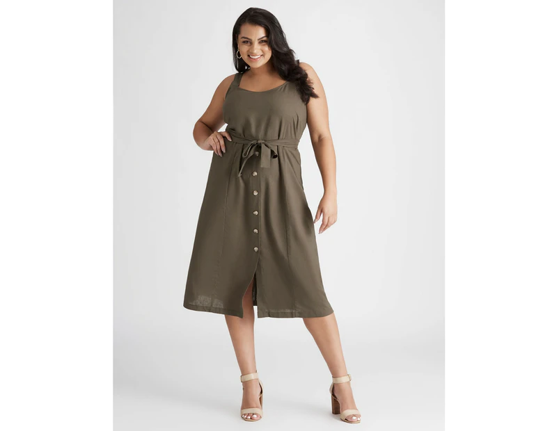 BeMe - Plus Size - Womens Midi Dress - Green - Summer Linen A Line