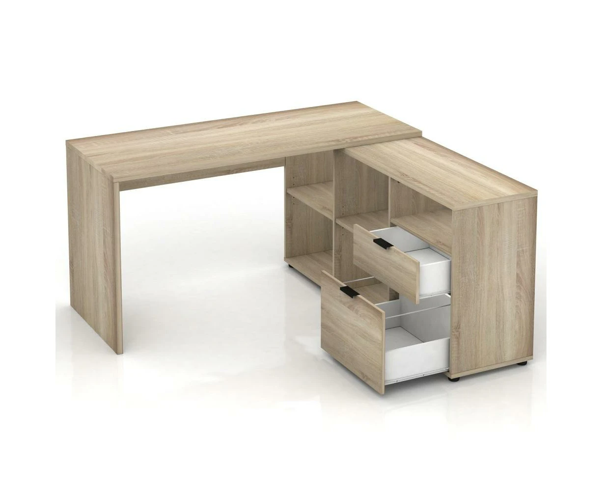 Ravee L-Shape Executive Computer Corner Desk Table W/ Storage - Light Sonoma Oak