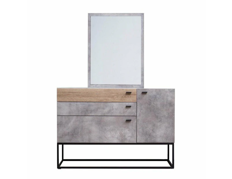 Dresser Sideboard Buffet Unit With Mirror - Black Metal Legs - Dark Oak / Cement Grey