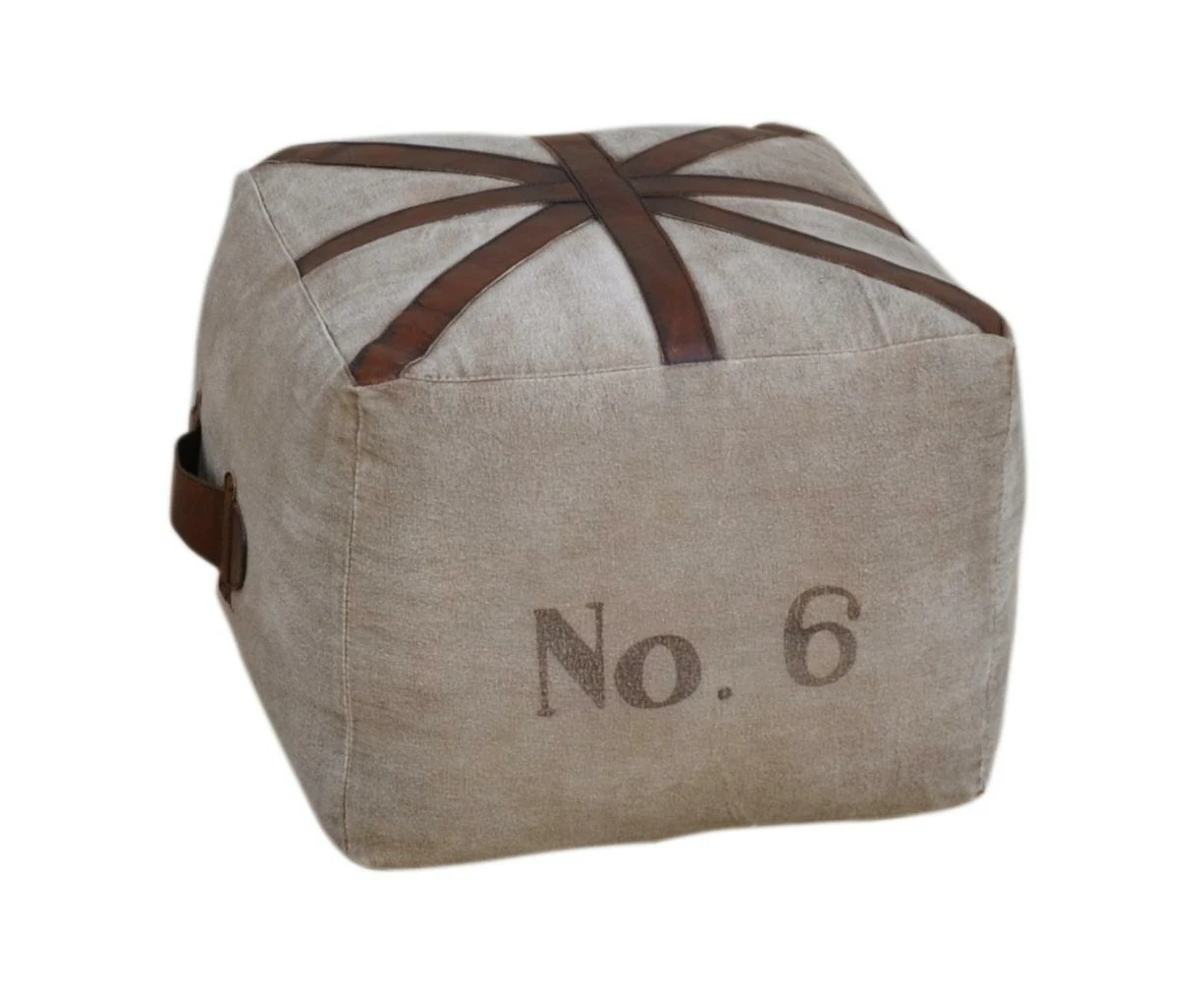 Six Square Vintage Rustic Canvas Leather Foot Stool Ottoman