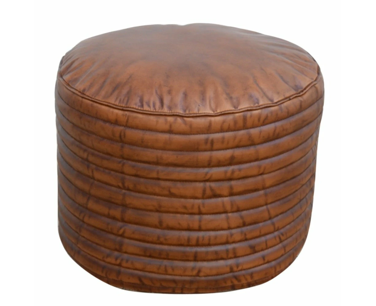 Victor Vintage Rustic Caramel Grooved Leather Foot Stool Ottoman