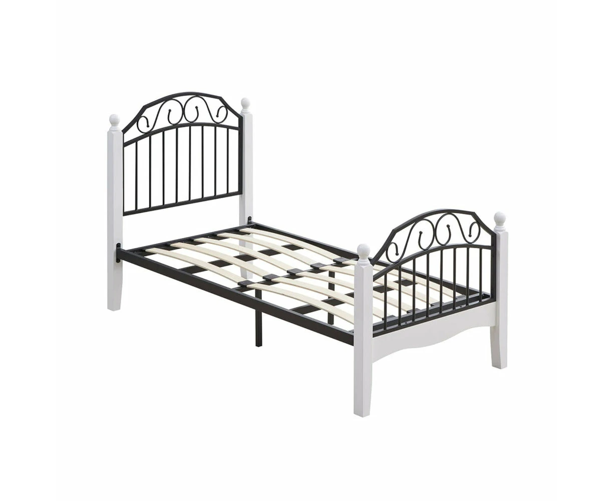 Ashley Single Size Bed Frame Wooden Pole Black Metal Frame - White