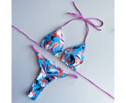 1 Set Women Bikini Set Leopard Fashion Print Padded Wire Free Braided Waist Halter Neck Bathing Suit Swimsuit Water Activities Garment-Sky Blue