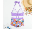 1 Set Women Bikini Set Fashion Print Padded Wire Free Halter Neck High Waist Bathing Suit Swimsuit Water Activities Garment-Purple