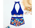 1 Set Women Bikini Set Fashion Print Padded Wire Free Halter Neck High Waist Bathing Suit Swimsuit Water Activities Garment-Blue