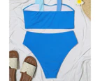 1 Set Women Bikini Set Contrast Color Patchwork Padded Wire Free Bow Split Type Bathing Suit Swimsuit Swimwear Water Activities Garment-Blue