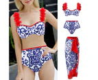 1 Set Women Swimsuit Extra Soft Breathable Sweat Absorption Padded Print Bikini Bra Panties Beachwear for Female-Blue