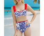 1 Set Women Swimsuit Extra Soft Breathable Sweat Absorption Padded Print Bikini Bra Panties Beachwear for Female-Blue