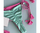 2Pcs/Set Braided Rope Tassel Padded Wireless Ruched Bikini Set Lady Triangle Bra Low Waist Panties Set-Light Green