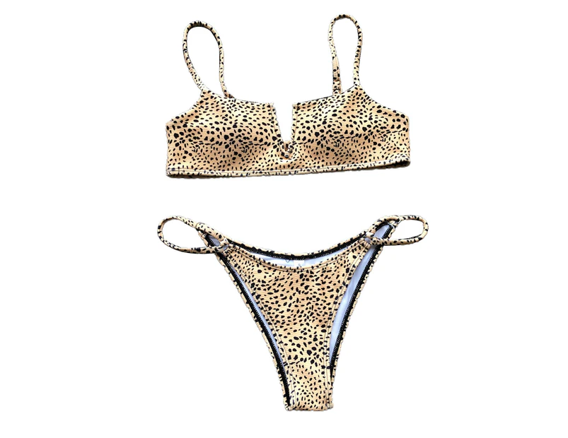2Pcs/Set Adjustable Spaghetti Straps Small V Neck Bikini Set Sexy Leopard Print Bra Thong Set Beachwear-Yellow
