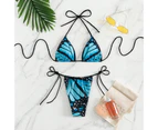 2Pcs/Set Butterflies Print Halter Adjustable Strap Padded Bikini Set Micro Triangle Bra Low Waist Thong Set Beachwear-Blue