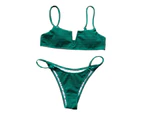 2Pcs/Set Adjustable Spaghetti Straps Small V Neck Bikini Set Sexy Leopard Print Bra Thong Set Beachwear-Green