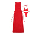 3 Pcs/Set Women Bikini Cover Set Water Sports Clothes-Wine Red