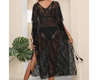 Bikini Cover Up Breathable Perspective Loose Skin-touch Comfortable Beachwear Polyester Lace Design Beach Cover Up Beachwear-Black