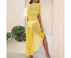 Beach Dress Perspective Irregular Hem Strap Design Hollowed Out Anti-UV Solid Color Seaside Vacation Sexy Lace Cardigan Dress Swim Supply-Yellow
